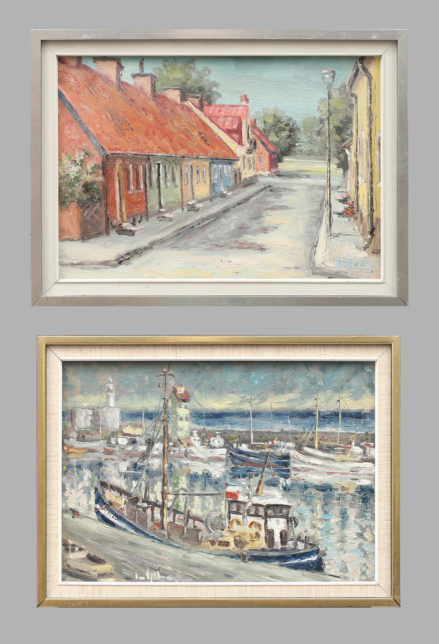 LEO SJÖBLOM. Olja på duk, 2 st, motiv från Simrishamn, signerad.