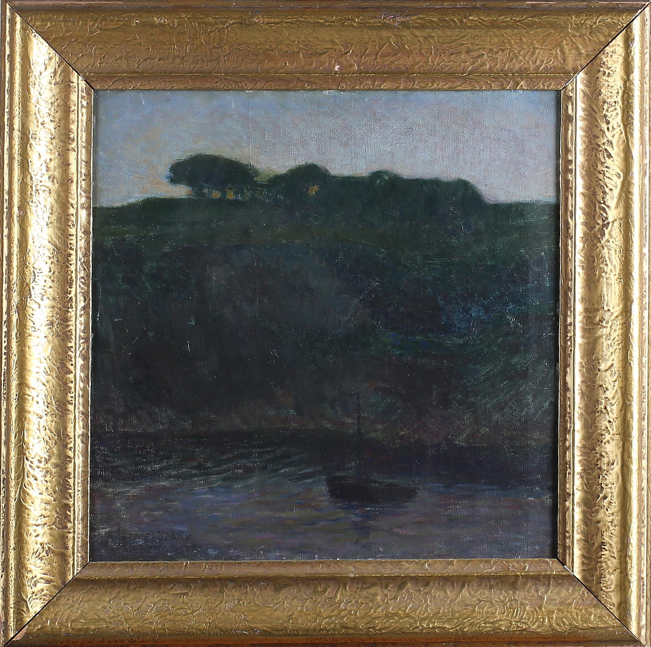 MARIA FRÖBERG. Kvällsmotiv med båt i förgrunden, olja på duk, signerad.