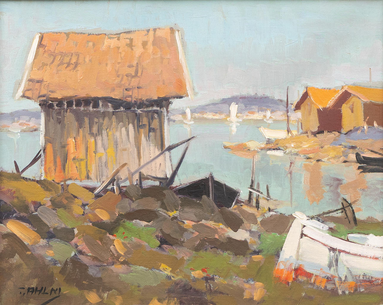 TAGE RUDOLF  AHLM. Småbåtshamn, olja på duk, signerad.