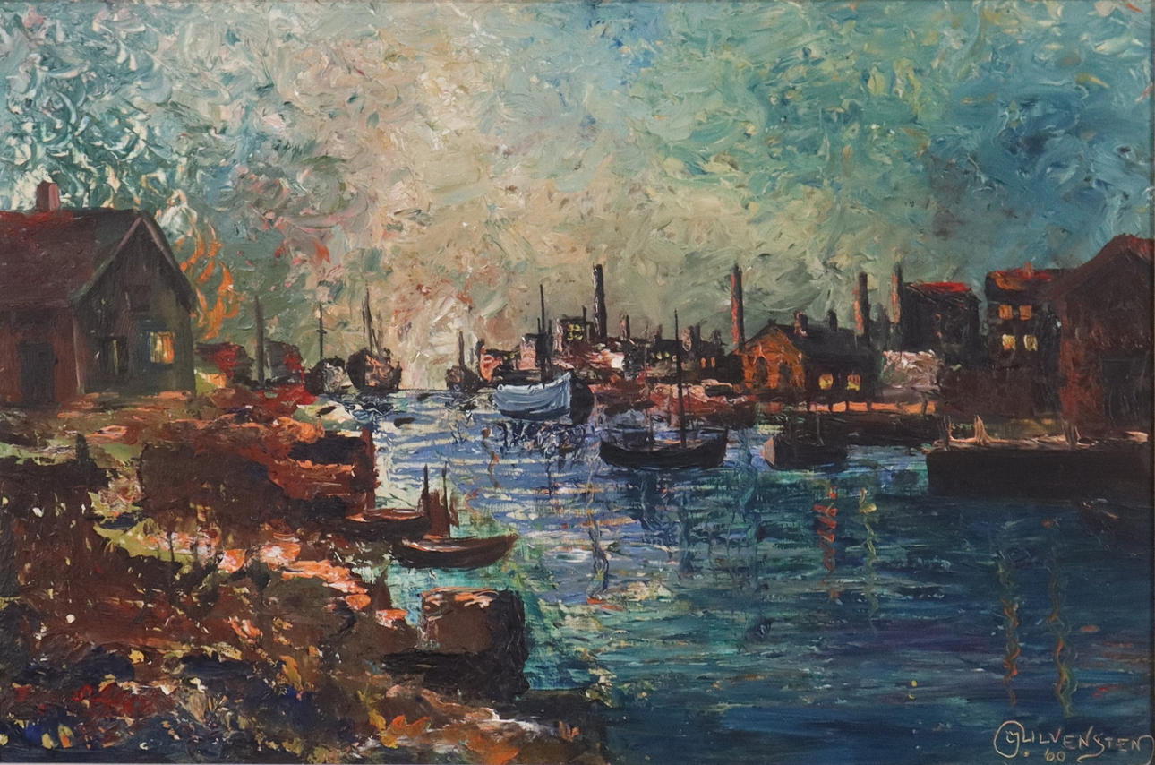 JACK ULVENSTEN. oil on panel, port city.