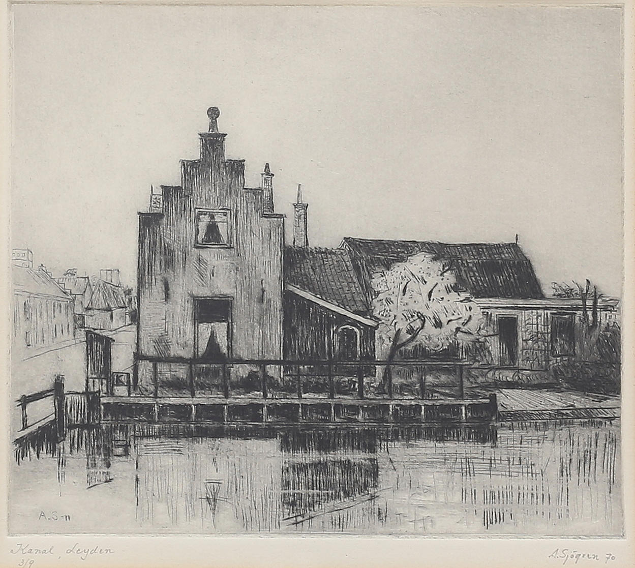 ALEX SJÖGREN. “Canal, Leyden”. Etching, signed and numbered 3/9, dated 70.