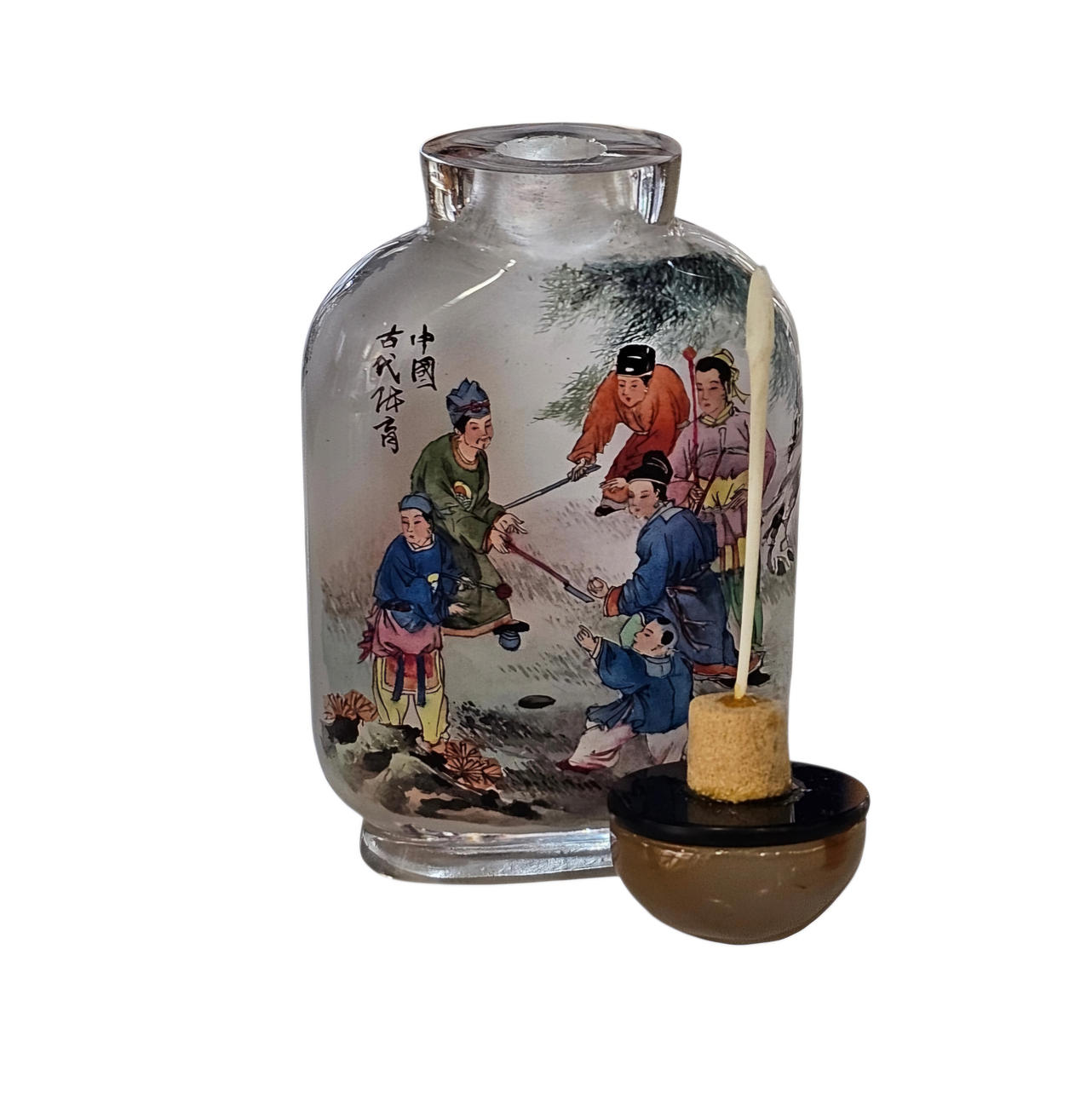 Snuff Bottle in painted glass with game scenes.