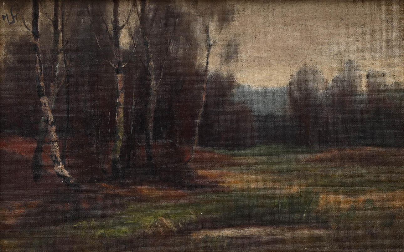 OIDENTIFIERAD KONSTNÄR. oil on panel, forest landscape, monogram signed MST.