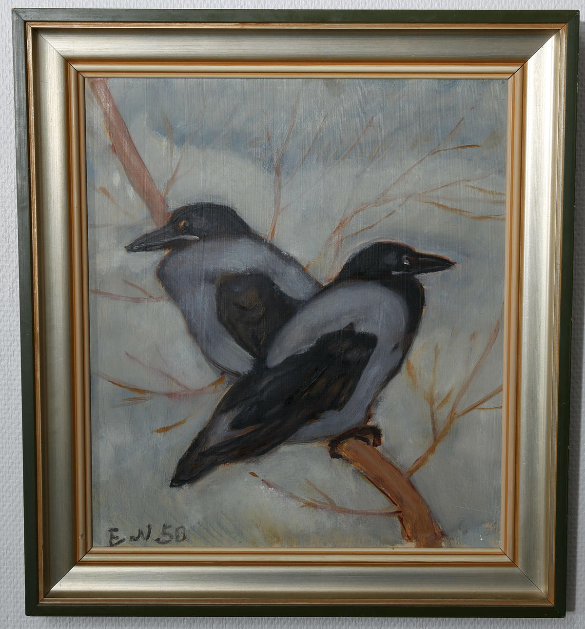 ERNST NORLIND. Olja på pannå, 2 fåglar, signerad E N, daterad -50.