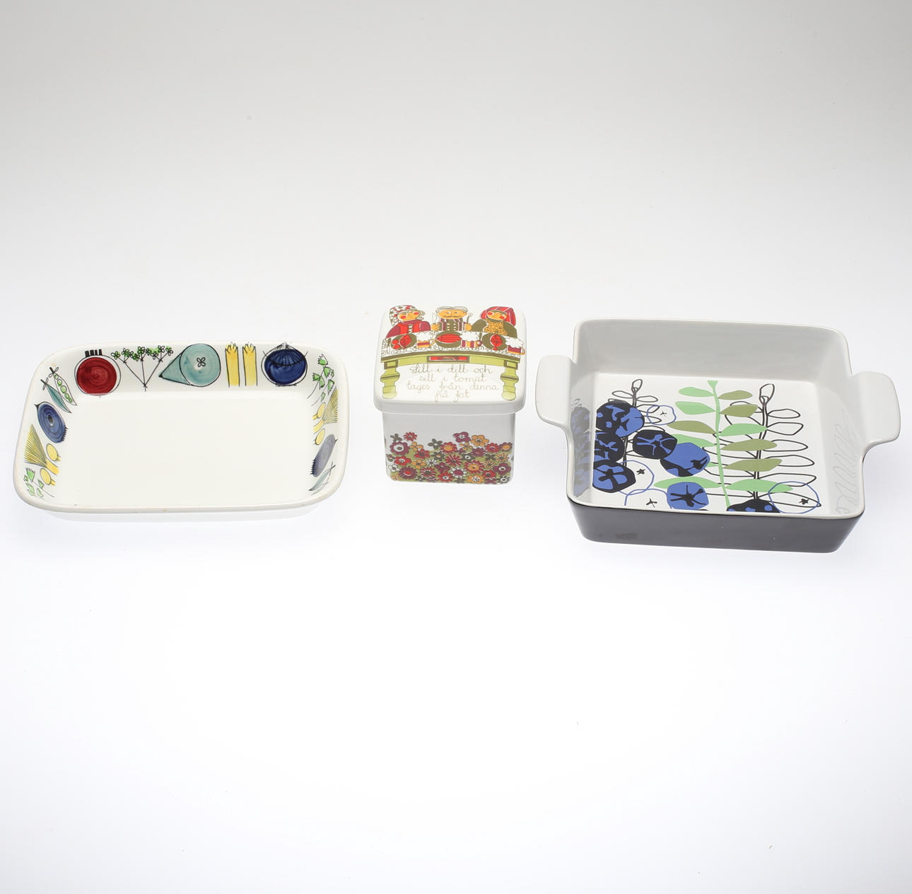 LOCKBURK OCH UGNSFORMAR 2 st, flintgods, Bl a "Picknick", Marianne Westman, Rörstrand.