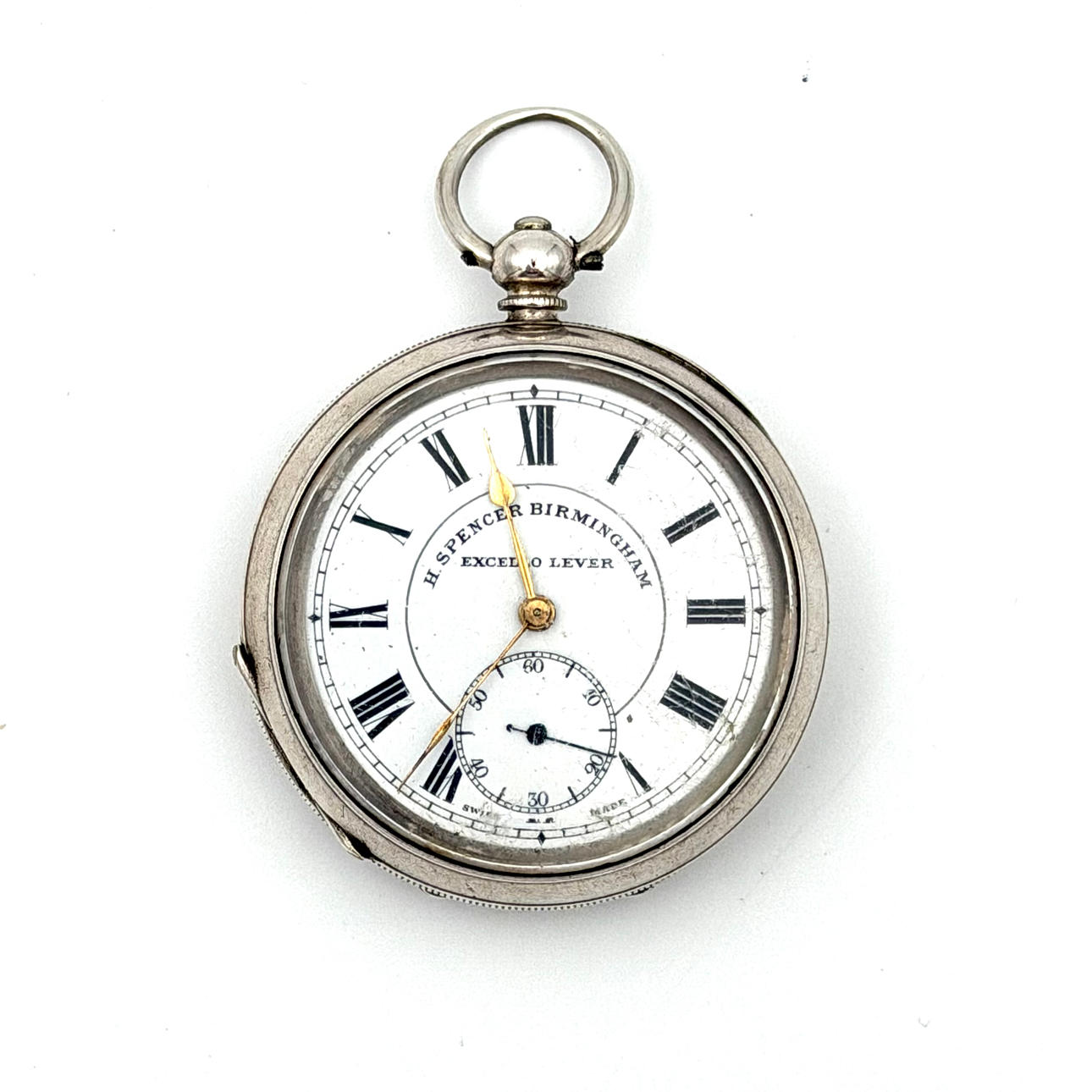 POCKET WATCH, England, “Excello Lever”, key puller, subsecond, case and inner case in silver/925, dial with roman numerals marked H. Spencer Birmingham/Excello Lever, faceted glass.