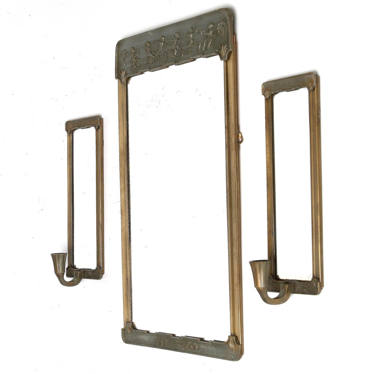 SPEGEL OCH LAMPETTER, 3 delar, metall, Art Deco, 1930-tal.