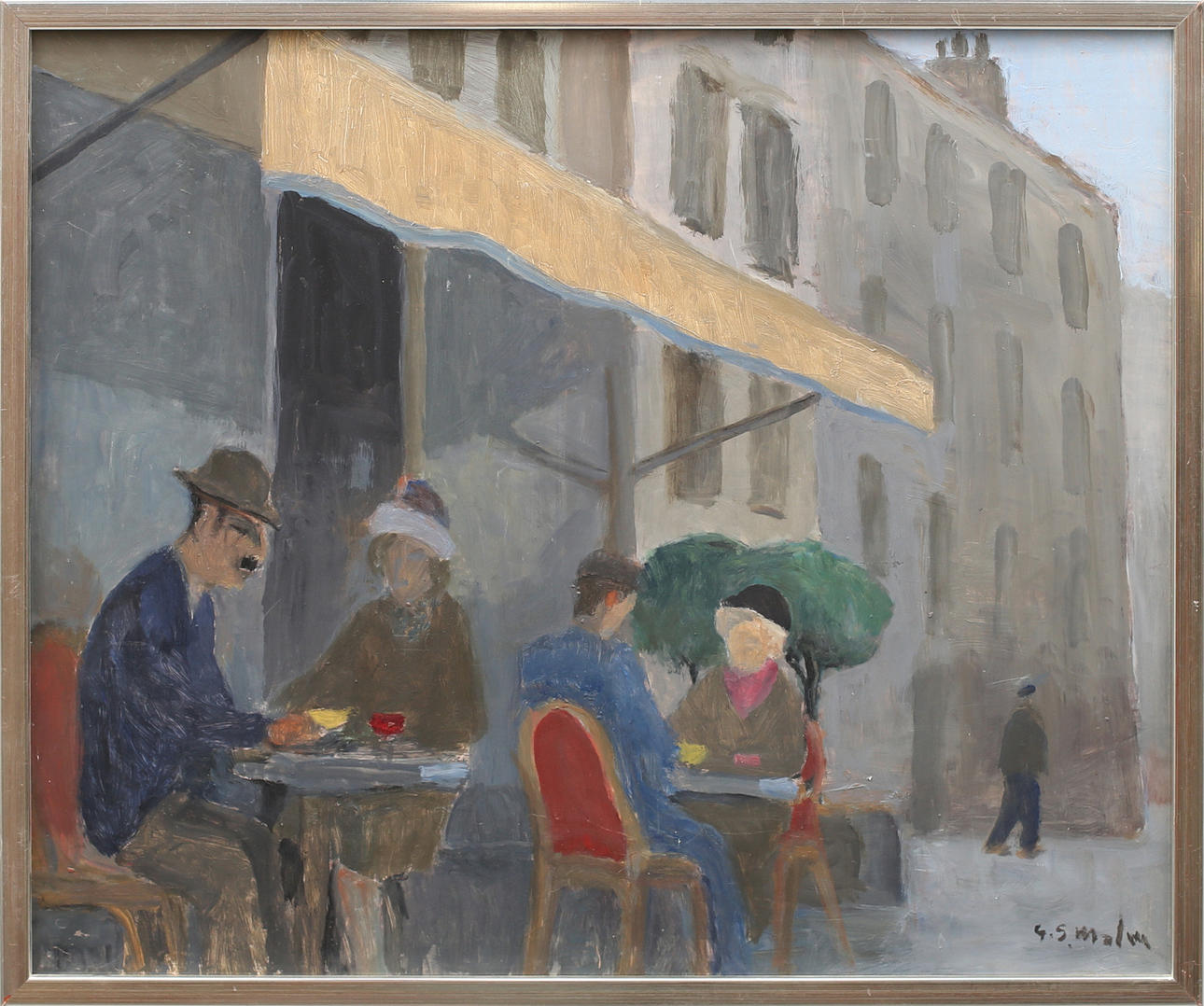 GUNNAR S MALM. Cafe i Paris, olja på pannå, signerad GS Malml.