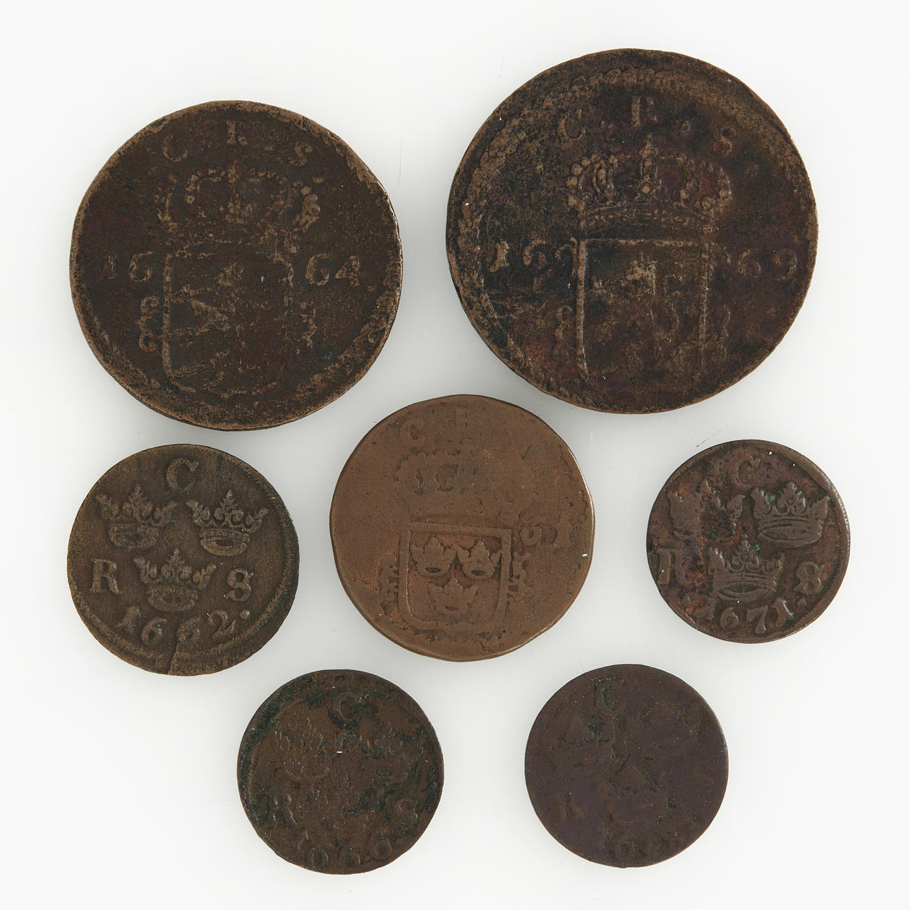 CHARLES XI (1660-1697), 7 copper coins.