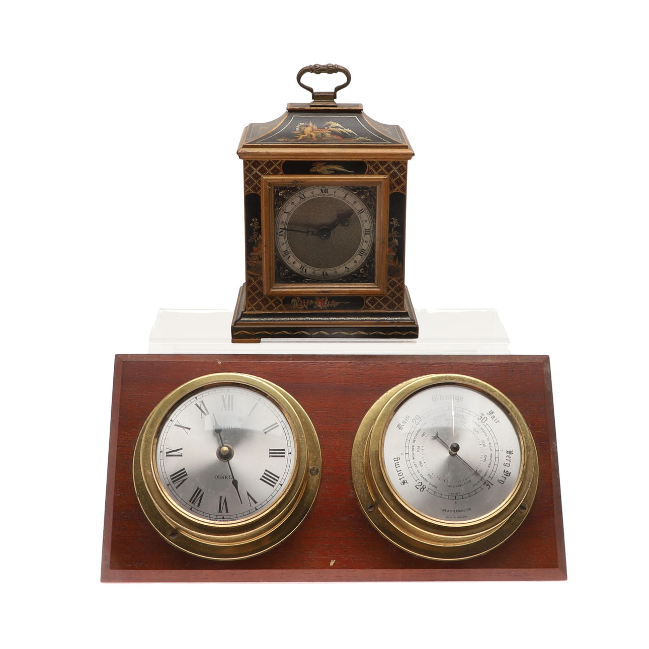 CIRCA 1920S LACQUERED CHINOISERIE BRACKET CLOCK WITH ANOTHER.