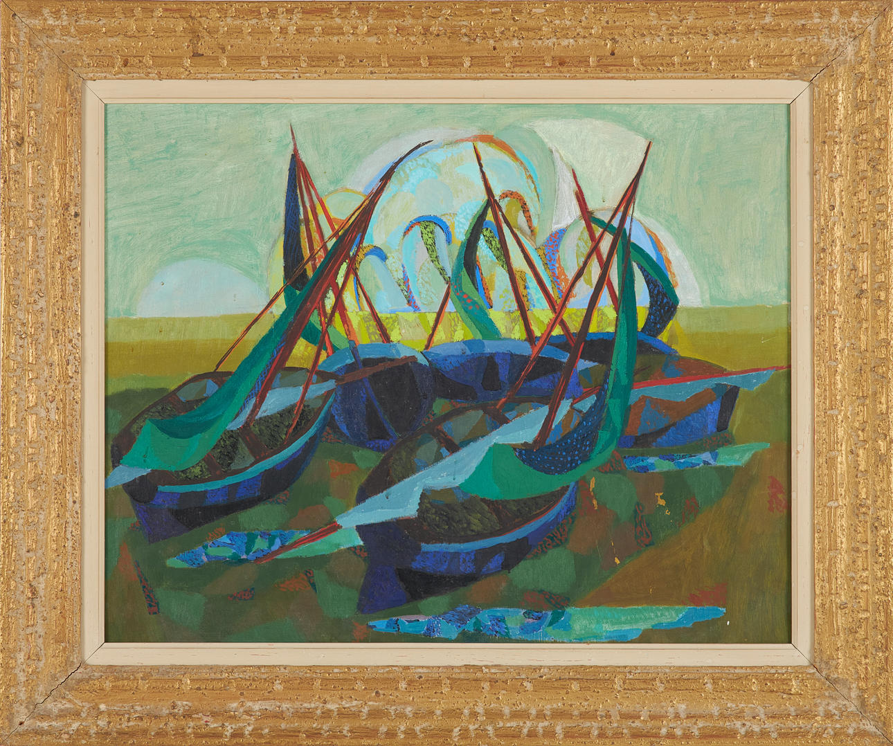 OKÄND KONSTNÄR. Composition with boats, oil on canvas, unsigned.
