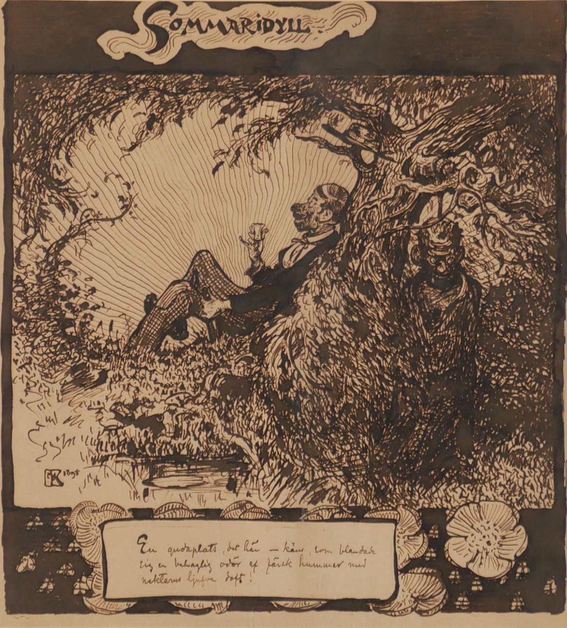 NILS  KREUGER. “Summer idyll”, ink drawing, monogram signed and dated 1895.