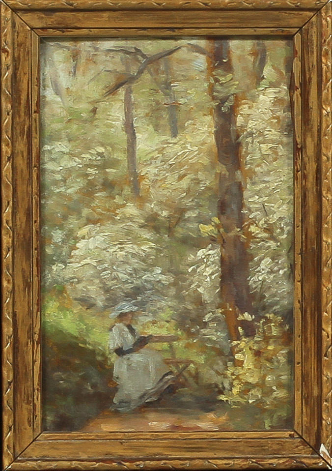 OIDENTIFIERAD KONSTNÄR, kvinna på parkbänk, olja på papp pannå.