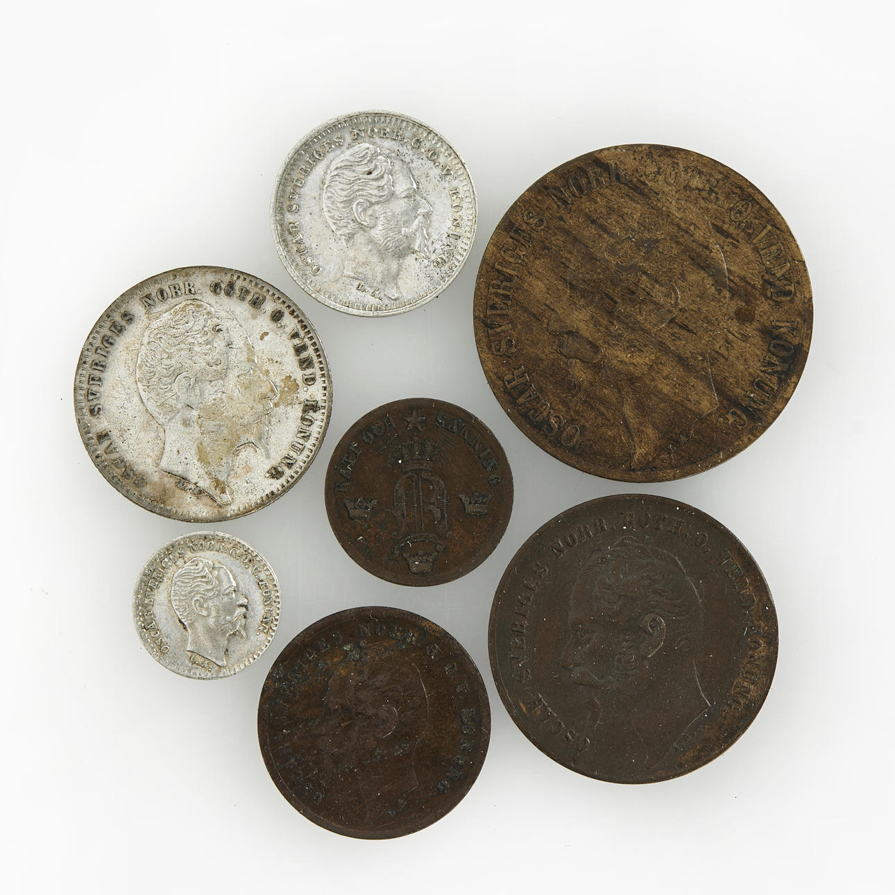 OSKAR I (1844-1859), 7 silver- och kopparmynt.