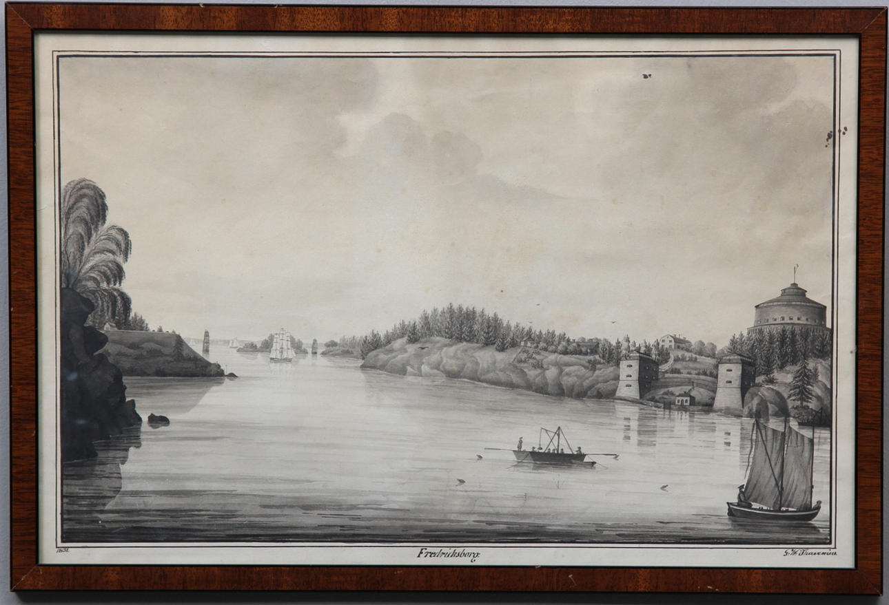 G.W THAVENIUS. Lavering, motiv från Fredriksborg, signerad och daterad 1831.