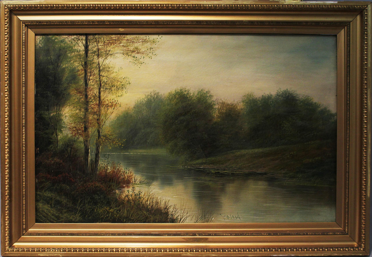 OIDENTIFIERAD KONSTNÄR. Engelskt landskap. Omkring 1890/1920-tal. Olja på duk. Signerad J Wood.