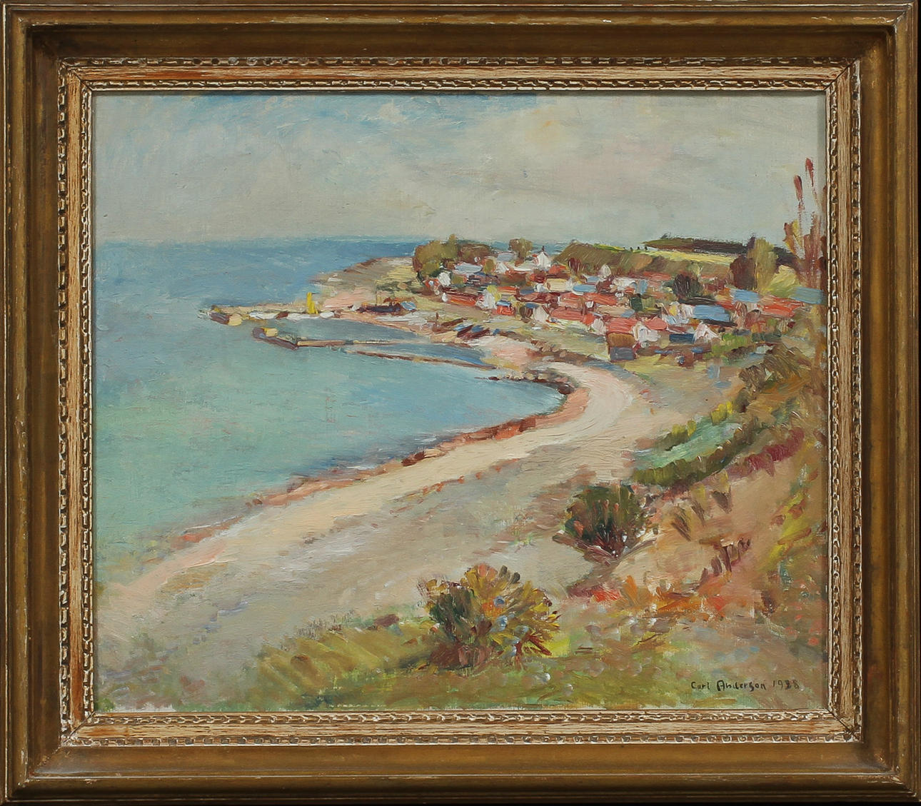 CARL ANDERSON. "Viks fiskeläge". Olja på duk, signerad och daterad 1938.
