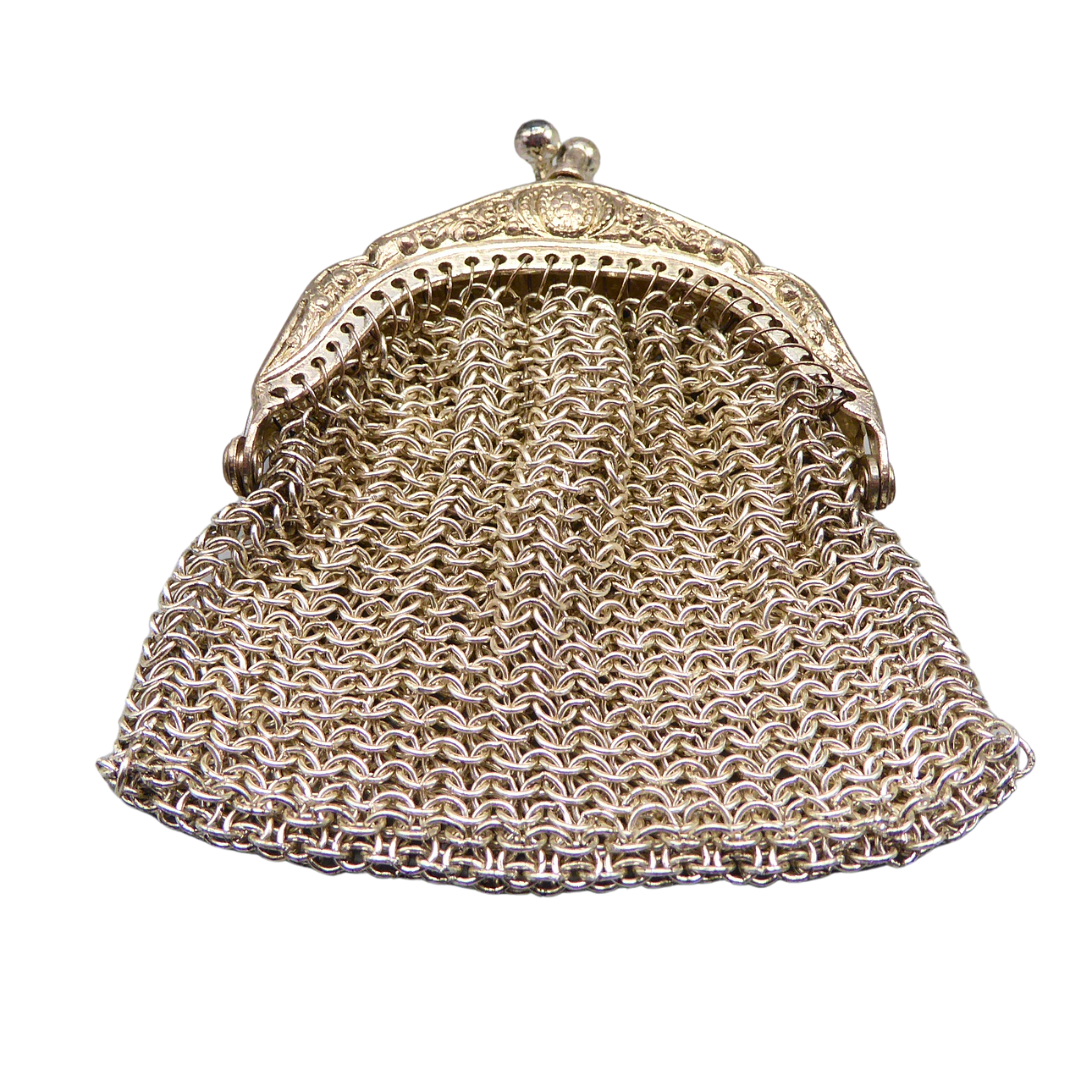 ANTIQUE METAL MESH COIN POUCH WITH SNAP CLOSURE.