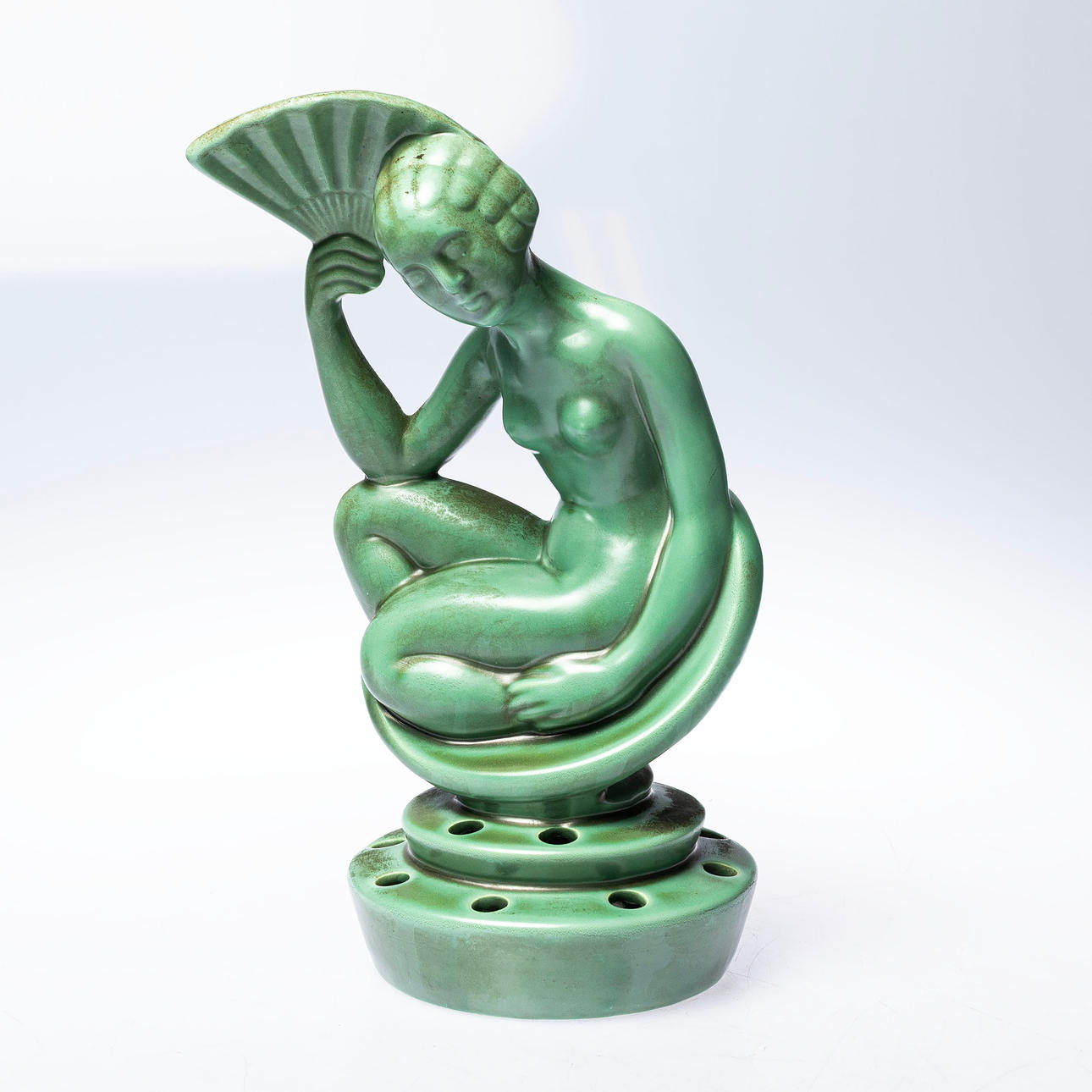 ARTHUR PERCY. Floral insert, green glazed earthenware, Gefle, Art Deco.