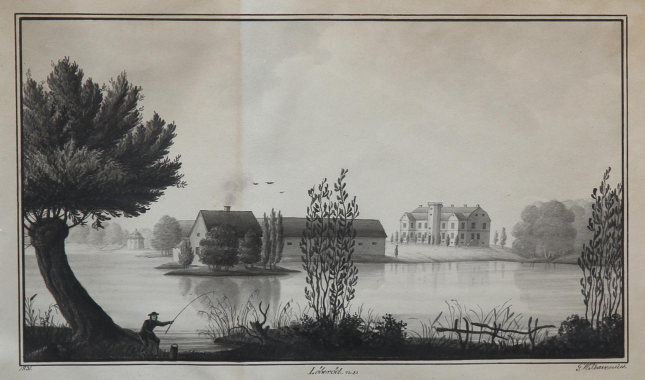 G.W THAVENIUS. Lavering, motiv från Löberöd slott, signerad och daterad 1831.