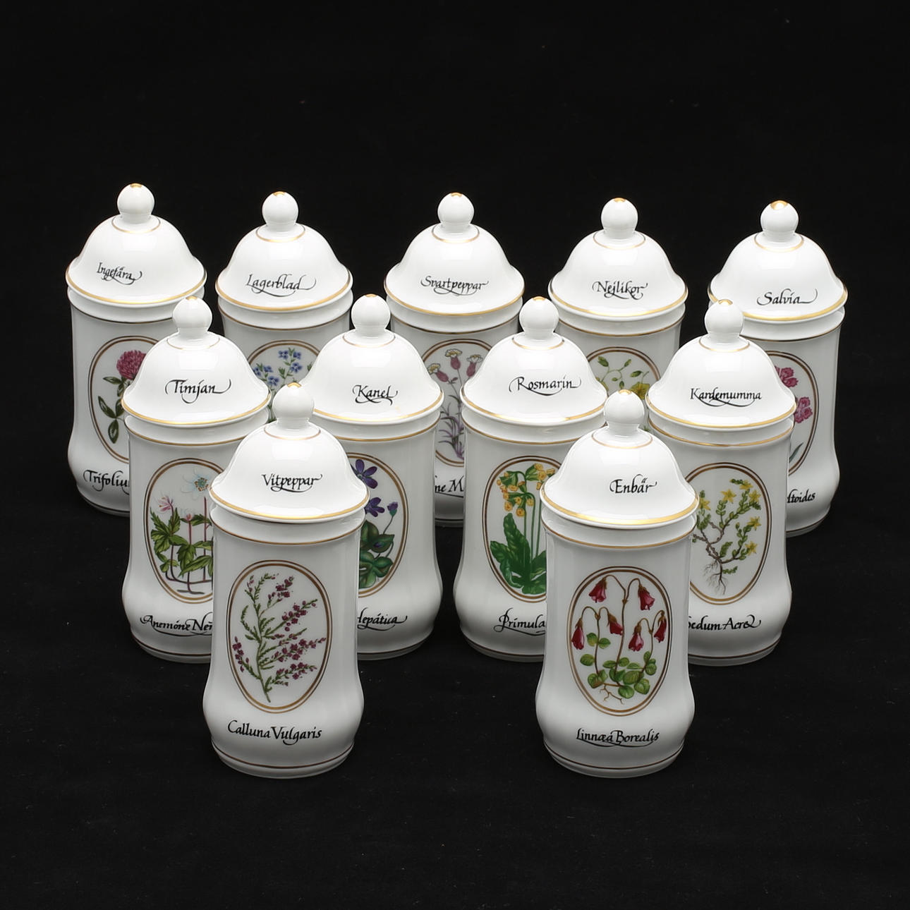 KRYDDBURKAR, porslin, 11 st, Carl von Linné, Christineholm.