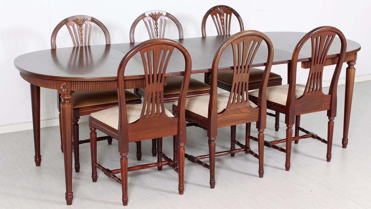 MATSALSMÖBLEMANG, 7 delar, " Axet " gustavianskstil, 1900-tal.