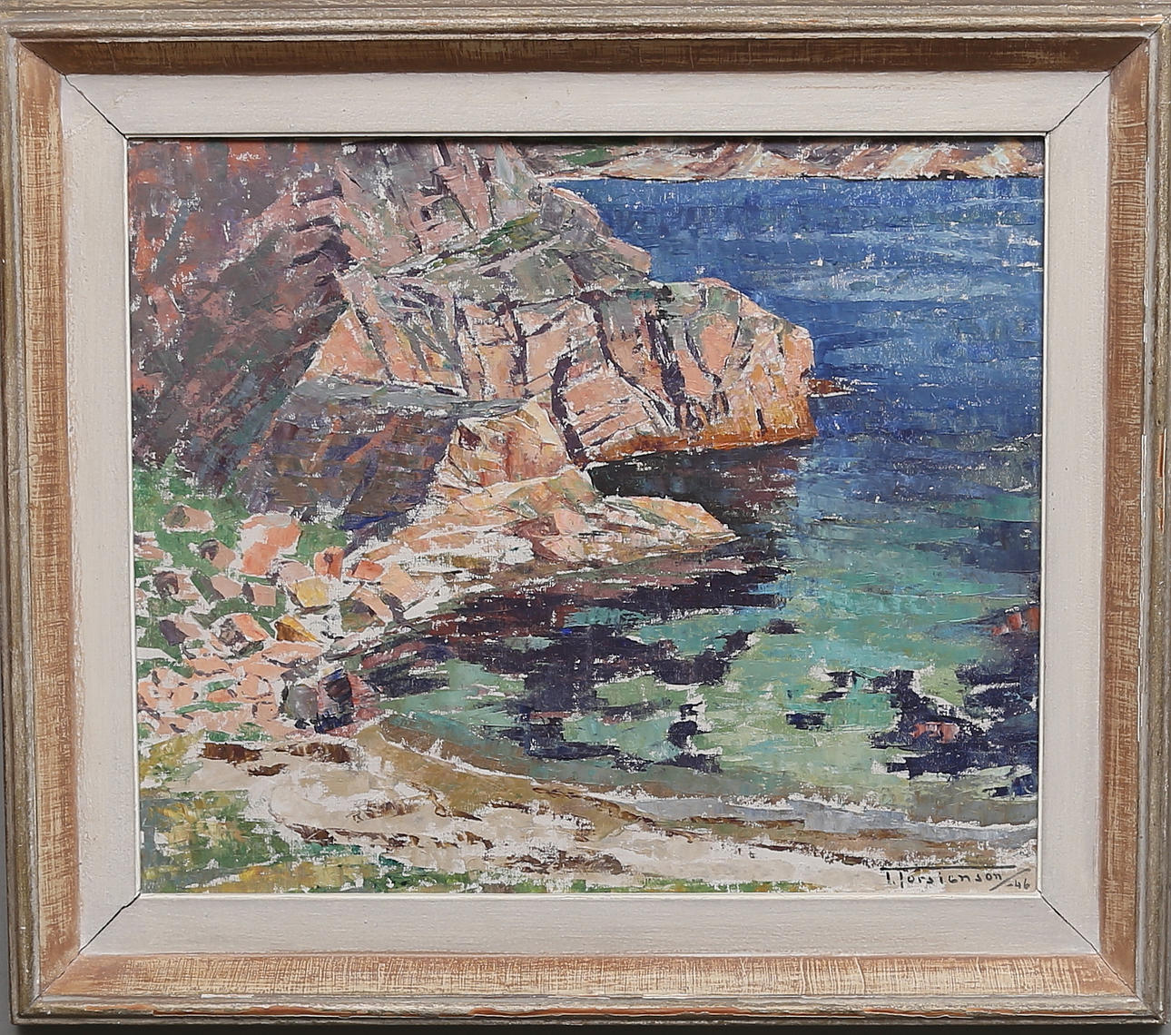 TORSTEN TORSTENSSON. "Sol på klippor, Malmön". Olja på pannå. Signerad och daterad -46.
