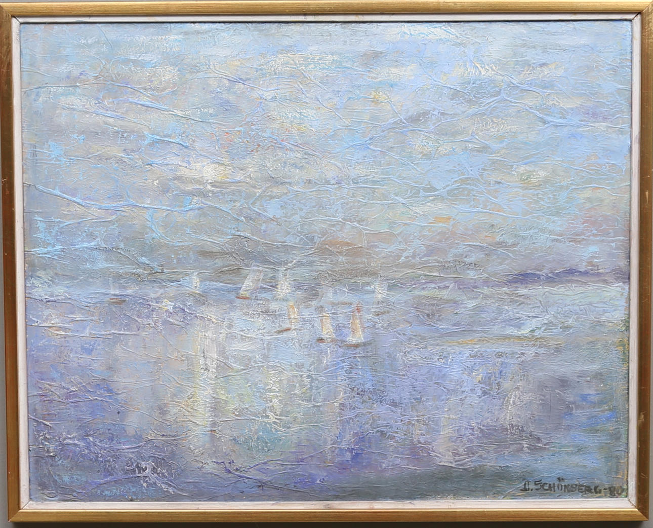 DAGNY SCHÖNBERG. "Vättern, en sensommardag". Olja på pannå. Signerad och daterad -80.