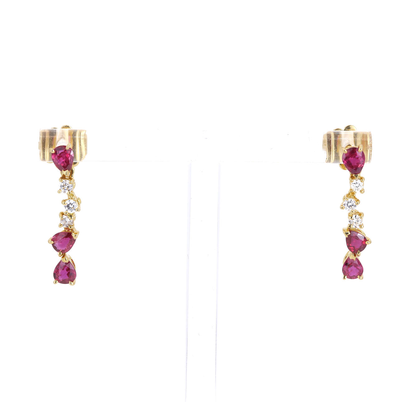 PAIR OF 18CT GOLD RUBY & DIAMOND DROP EARRINGS.