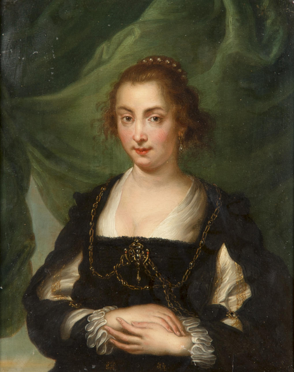 OIDENTIFIERAD KONSTNÄR. Porträtt av Rubens hustru, olja på pannå, osignerad, sekelskiftet 1700/1800.