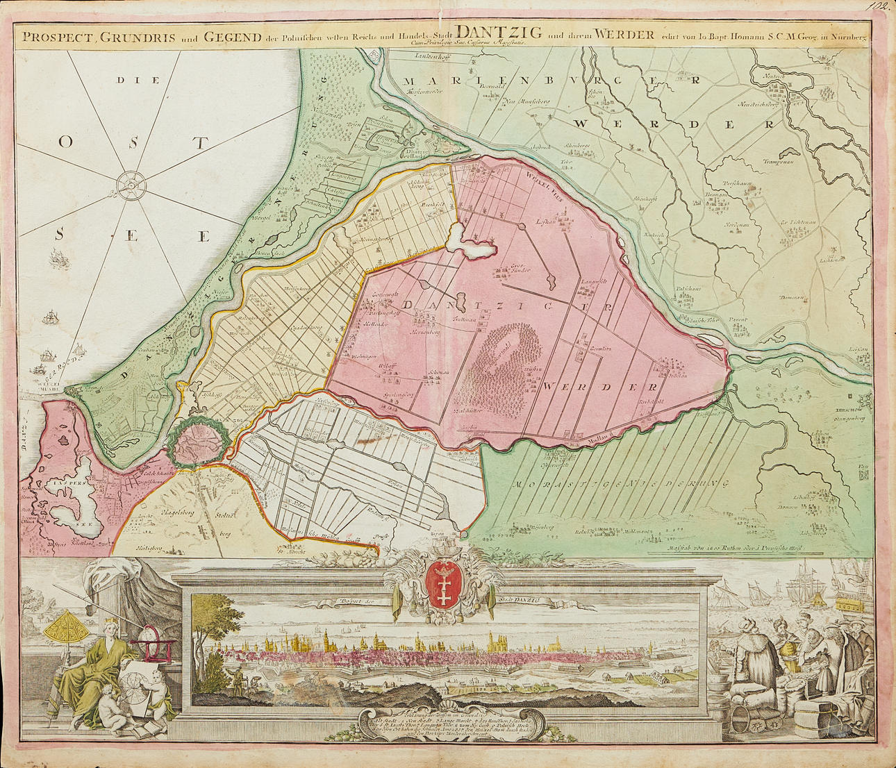 KARTA ÖVER DANZIG MED VY, CA 1730.