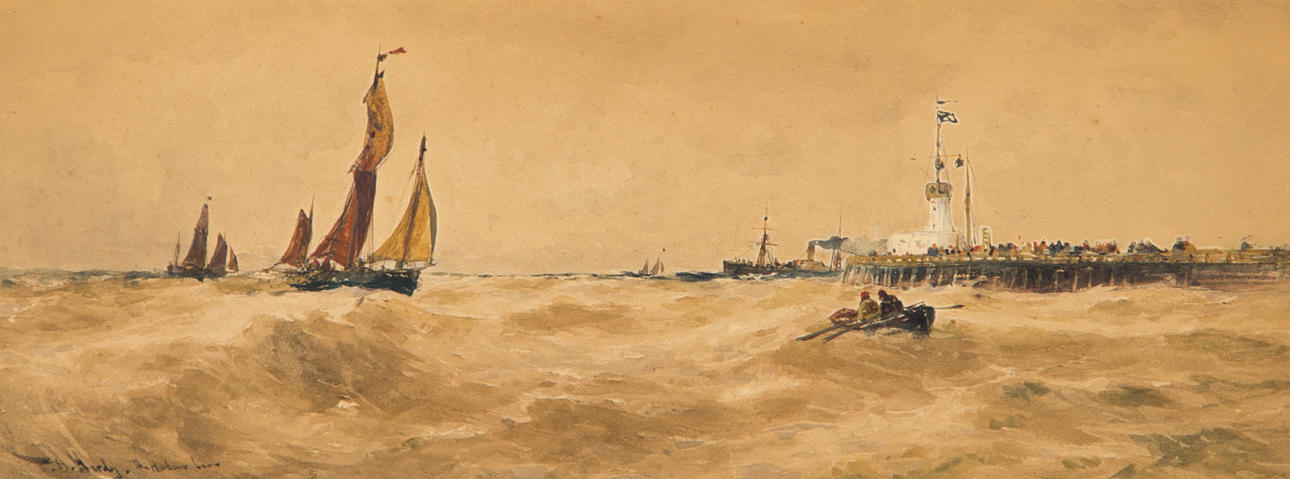 THOMAS BUSH HARDY. Segelbåtar vid piren, akvarell, signerad T.B. Hardy.