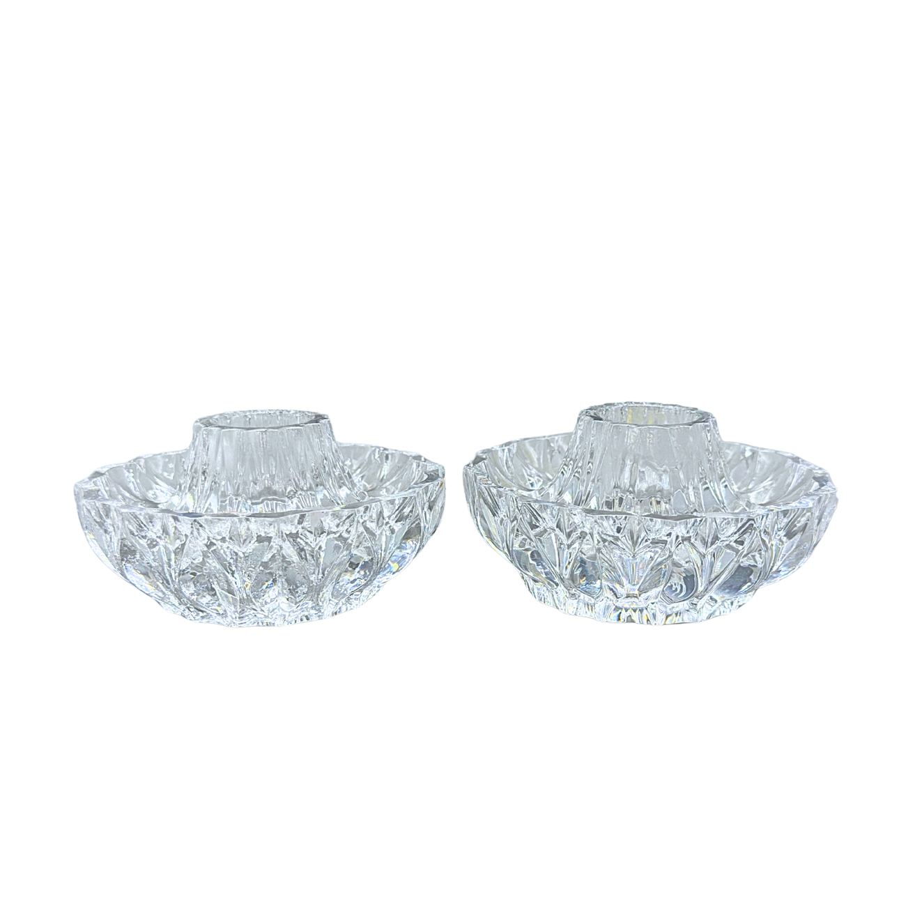 TWO CRYSTAL GLASS CANDLE HOLDERS.