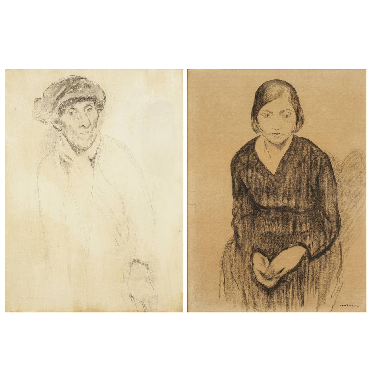 CARL FISCHER (1887-1962). Two portraits, young woman and elderly man ...