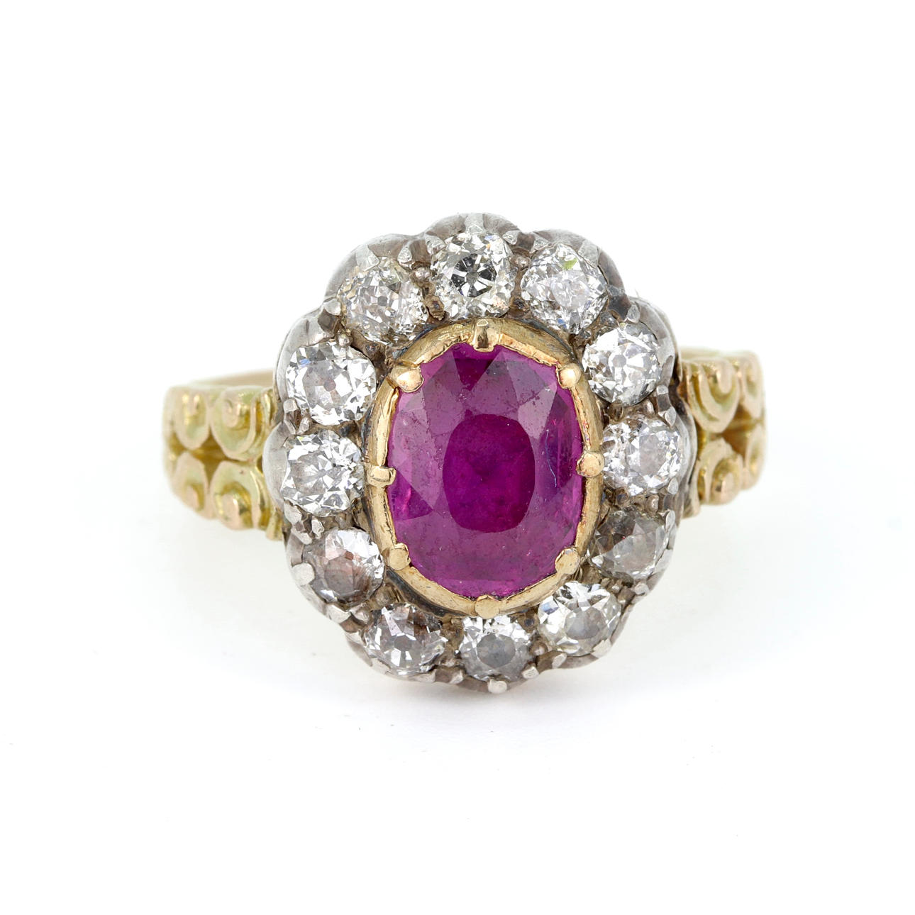 14CT GOLD & SILVER RUBY AND DIAMOND SET RING.
