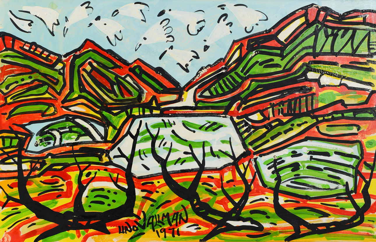 UNO VALLMAN. Abstract landscape motif, mixed media on panel, signed, dated 1971.