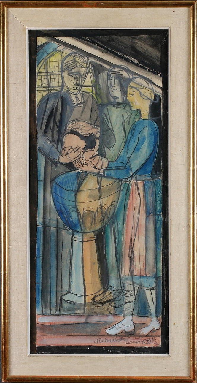 EINAR FORSETH. "Förlaga till Kyrkfönster i Halmstad", blandteknik på papper, signerad och daterad 1952.