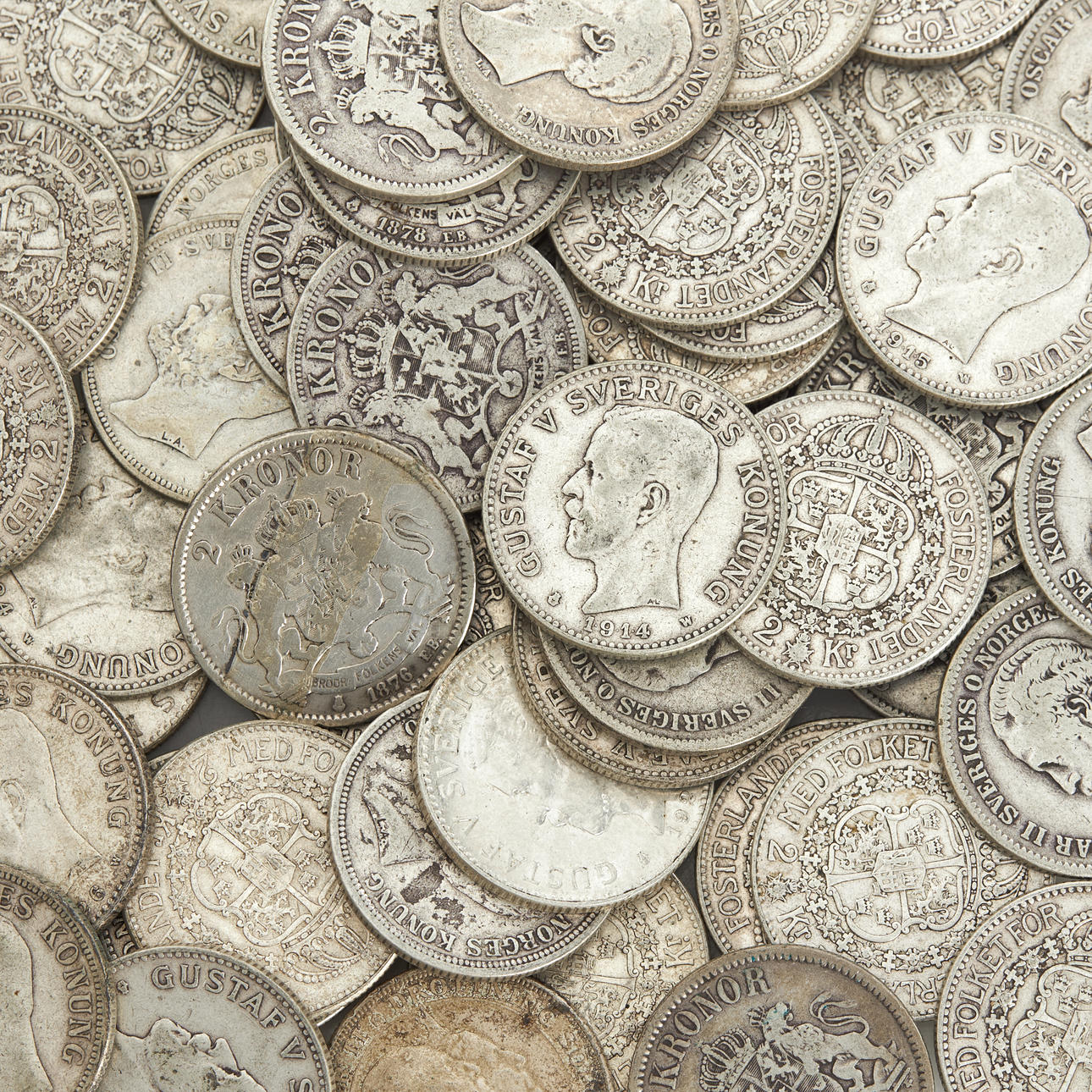 SILVER COINS, 50pcs 2-kronor 1876-1940.