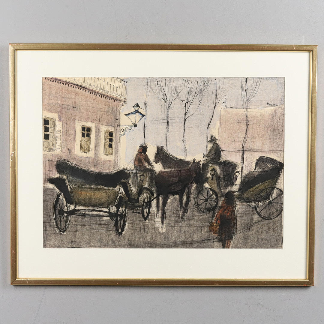PACO MORENO. LITHOGRAPH IN COLOUR, “Horse & wagon”, signed.