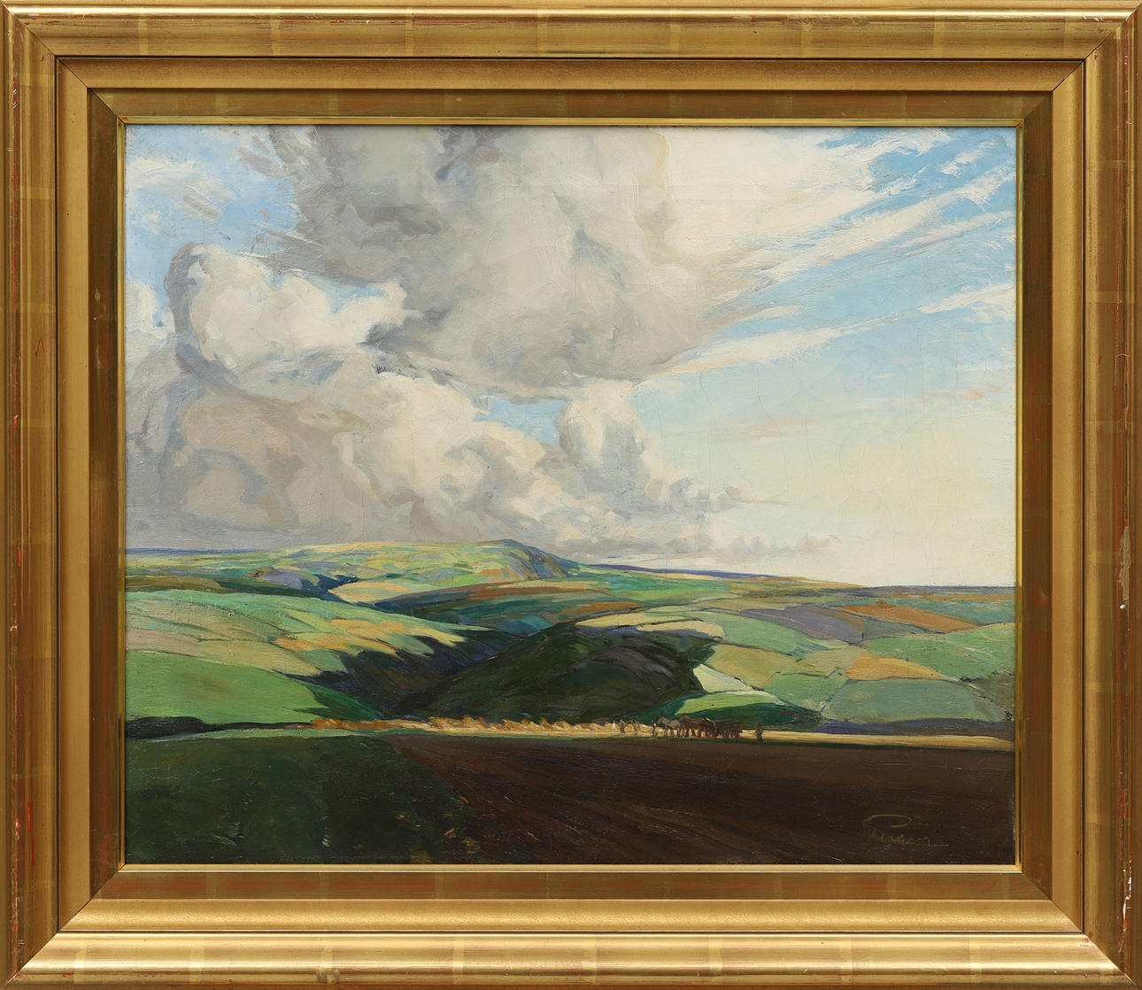 PRINS EUGEN. Undulating landscape with cloud formations and field work, oil on canvas, signed.