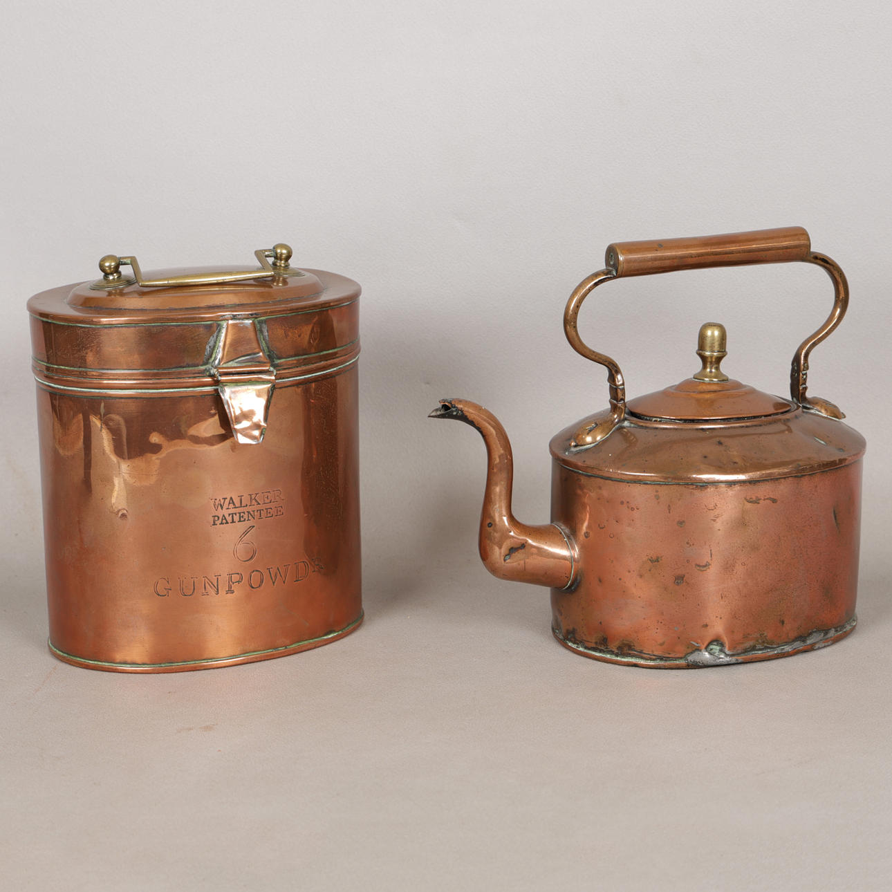 A WALKER PATENTEE 6 GUNPOWDER CONTAINER & A TEA KETTLE (2).