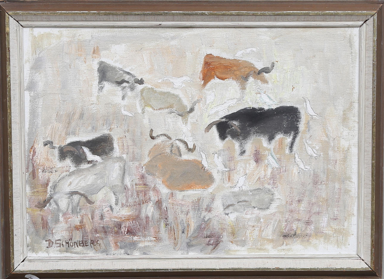 DAGNY SCHÖNBERG. "Spanska kor". Olja på pannå, signerad.
