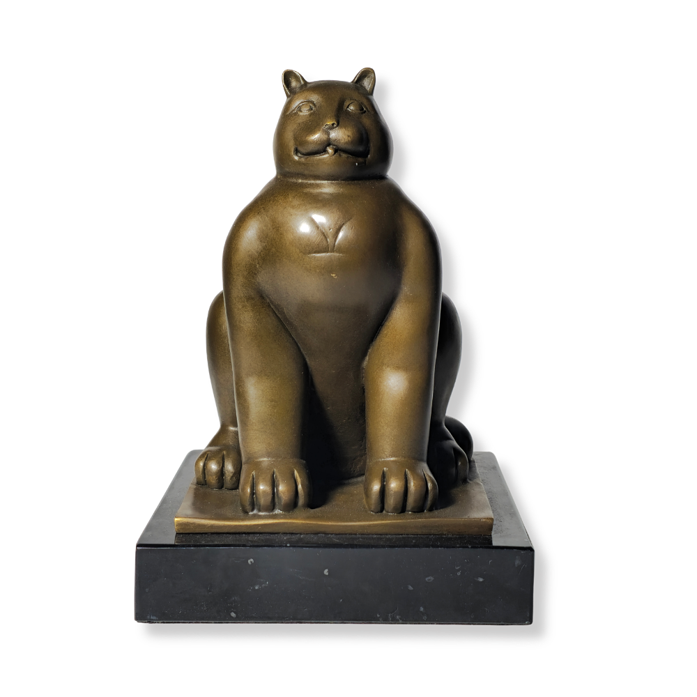 BOTERO STYLE CAT SITTING IN BRONZE.
