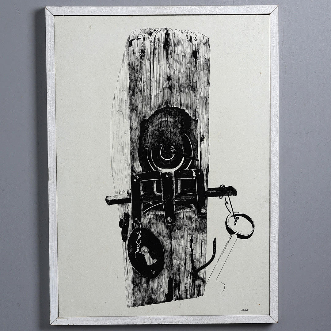 ANDERS LINDGREN. Ink on panel, “Stocklås”, signed and dated.