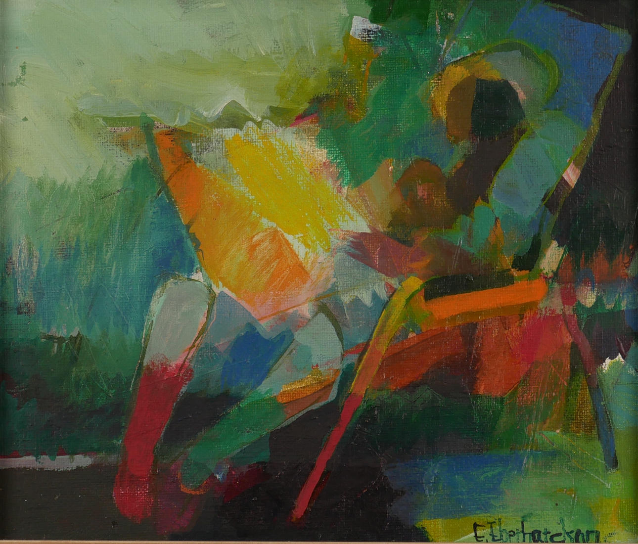 EBBE EBERHARDSON. Woman in deckchair, oil on plate, signed E. Eber.