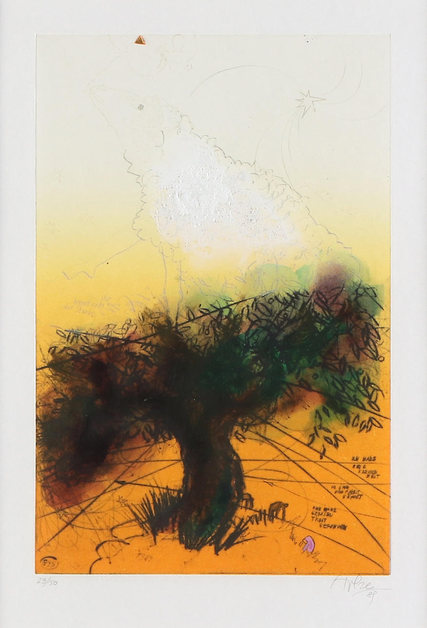 ADI HOLZER. Hand coloured etching, 23/150. Composition. Signed.