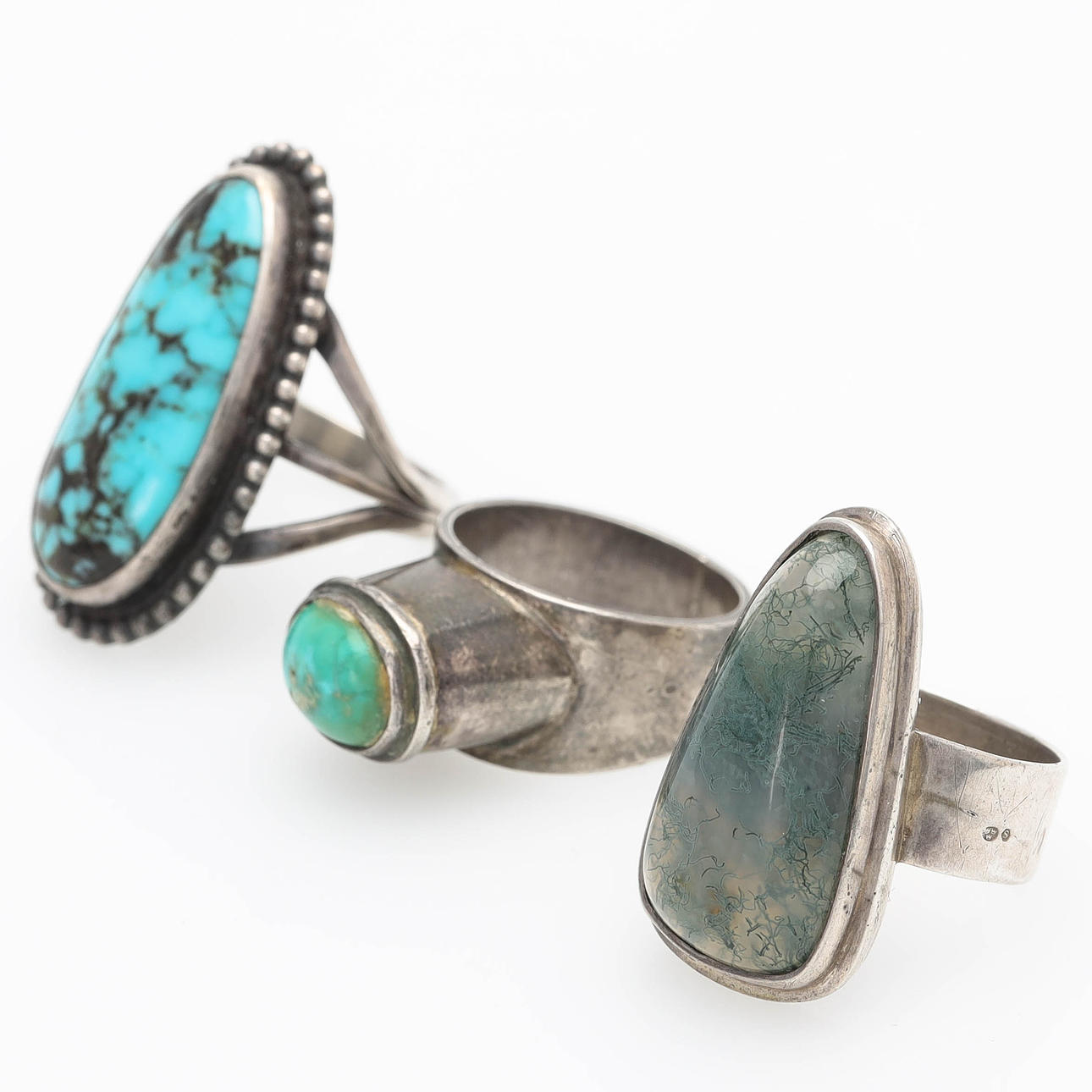 RINGAR, 3 st, silver, cabochonslipade turkoser samt mossagat.