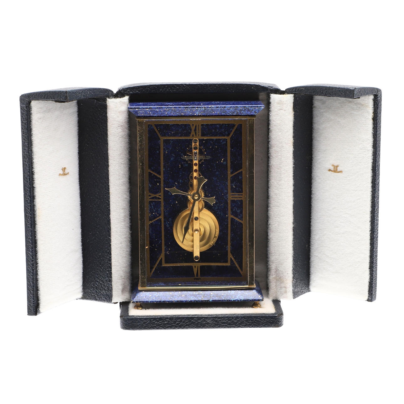 A JAEGER LE COULTRE BRASS & LAPIZ TABLE CLOCK IN CASE.