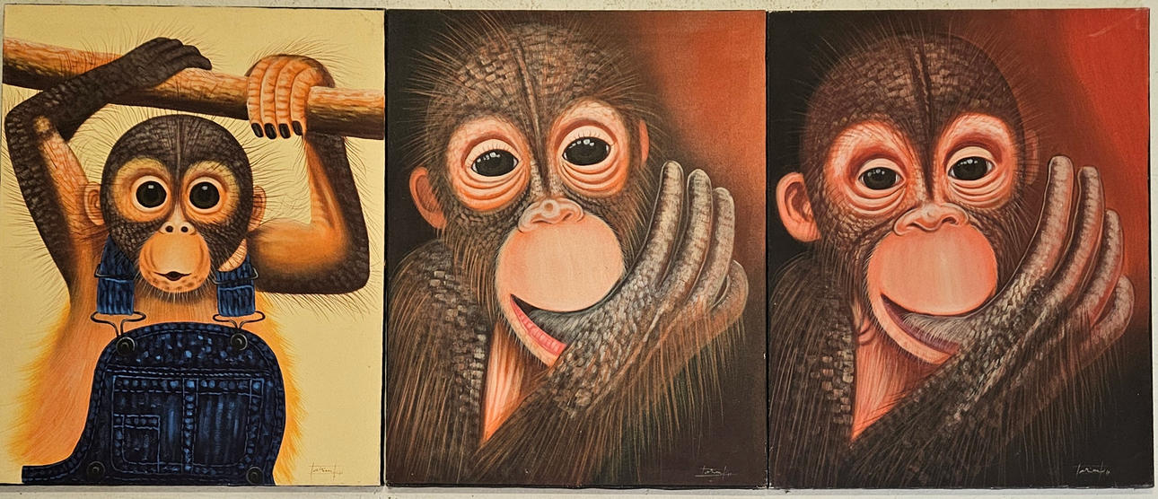 OIDENTIFIERAD KONSTNÄR. Monkeys. Mixed media, 3 pcs, indistinctly signed.