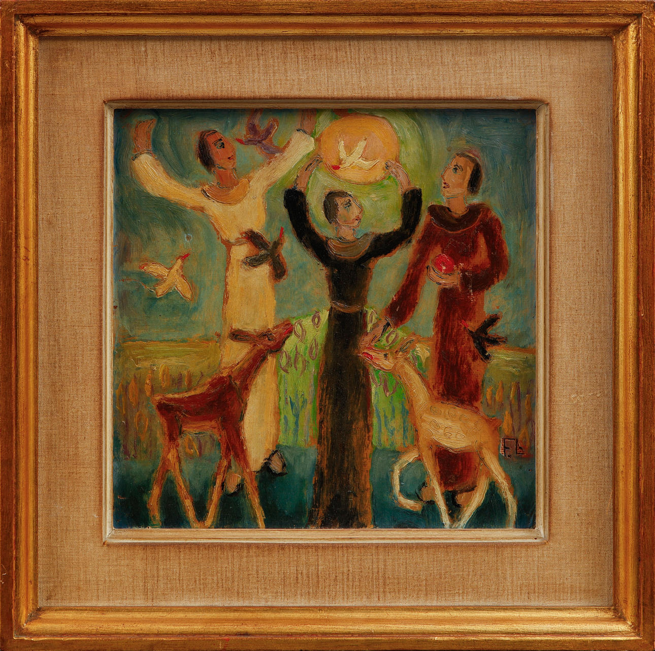 FRANS LARSSON. Three figures, oil on panel, monogram signed.